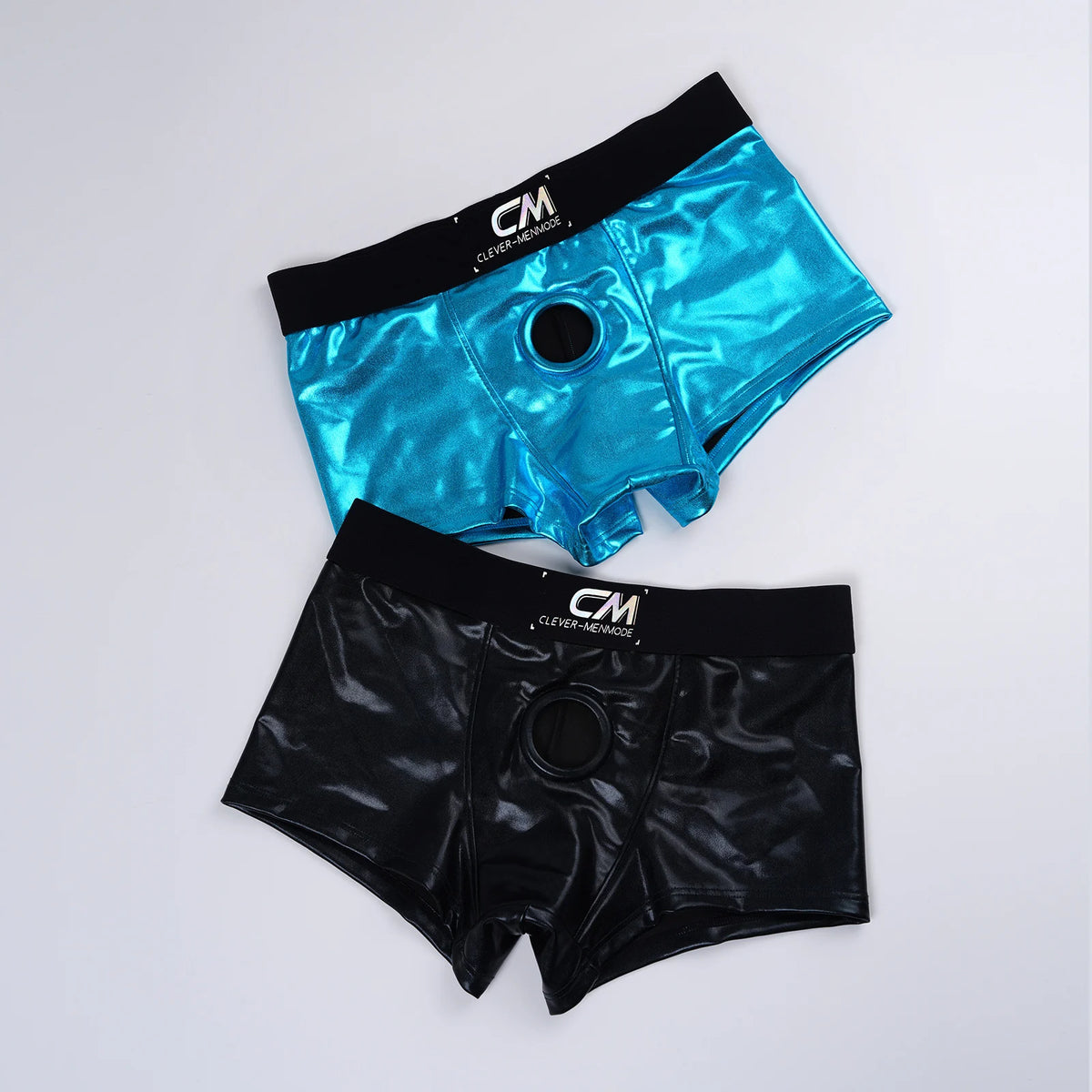 Faux Leather Wet-look Boxer Briefs Men Cock Hole Erotic Underwear PU Sexy Silicone Ring Boxers Lingerie Cockring Underpants - Amoris Boutique