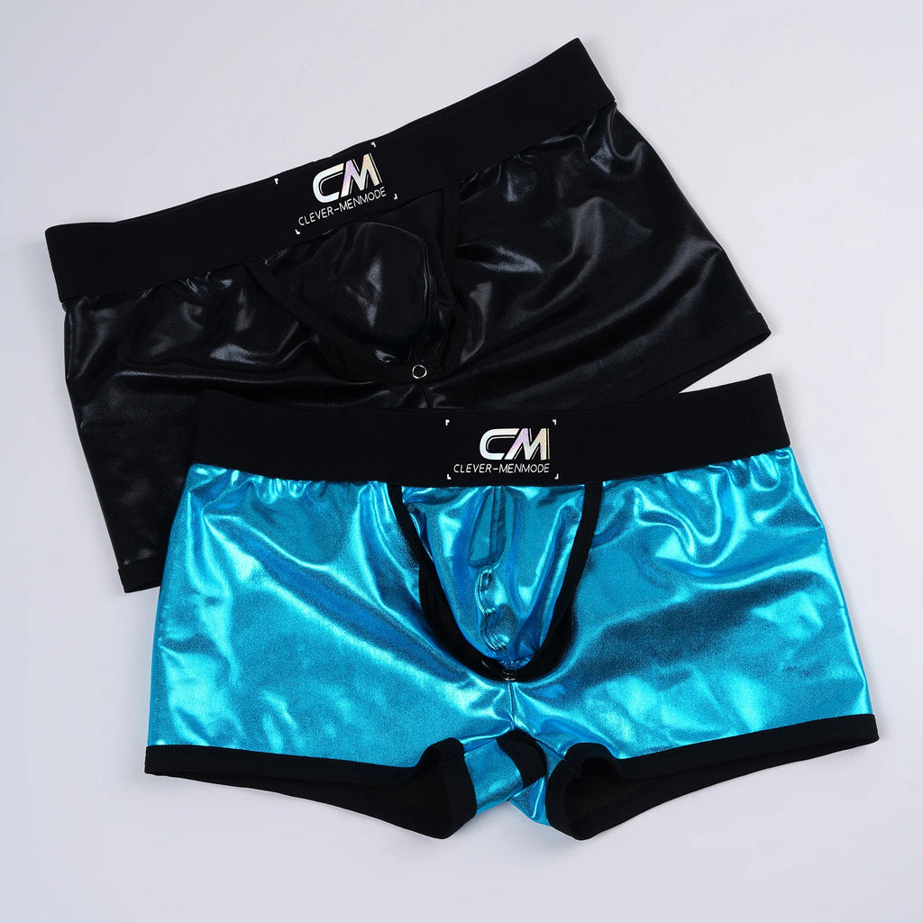 Faux Leather Wet-look Boxer Briefs Men Cock Hole Erotic Underwear PU Sexy Silicone Ring Boxers Lingerie Cockring Underpants - Amoris Boutique