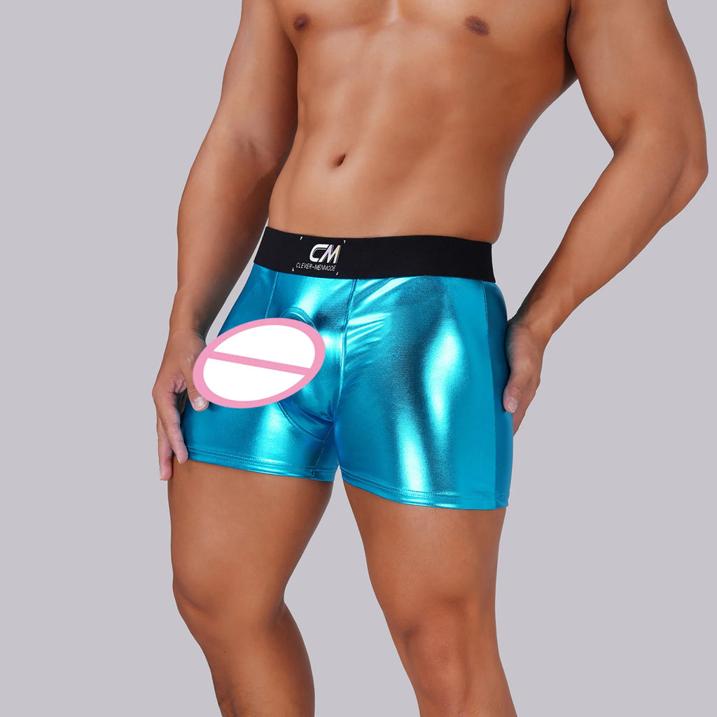 Faux Leather Wet-look Boxer Briefs Men Cock Hole Erotic Underwear PU Sexy Silicone Ring Boxers Lingerie Cockring Underpants - Amoris Boutique
