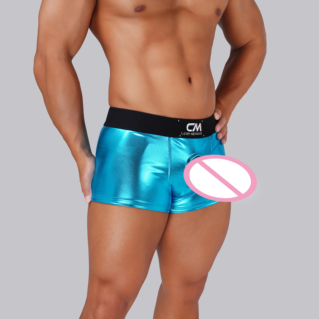 Faux Leather Wet-look Boxer Briefs Men Cock Hole Erotic Underwear PU Sexy Silicone Ring Boxers Lingerie Cockring Underpants - Amoris Boutique